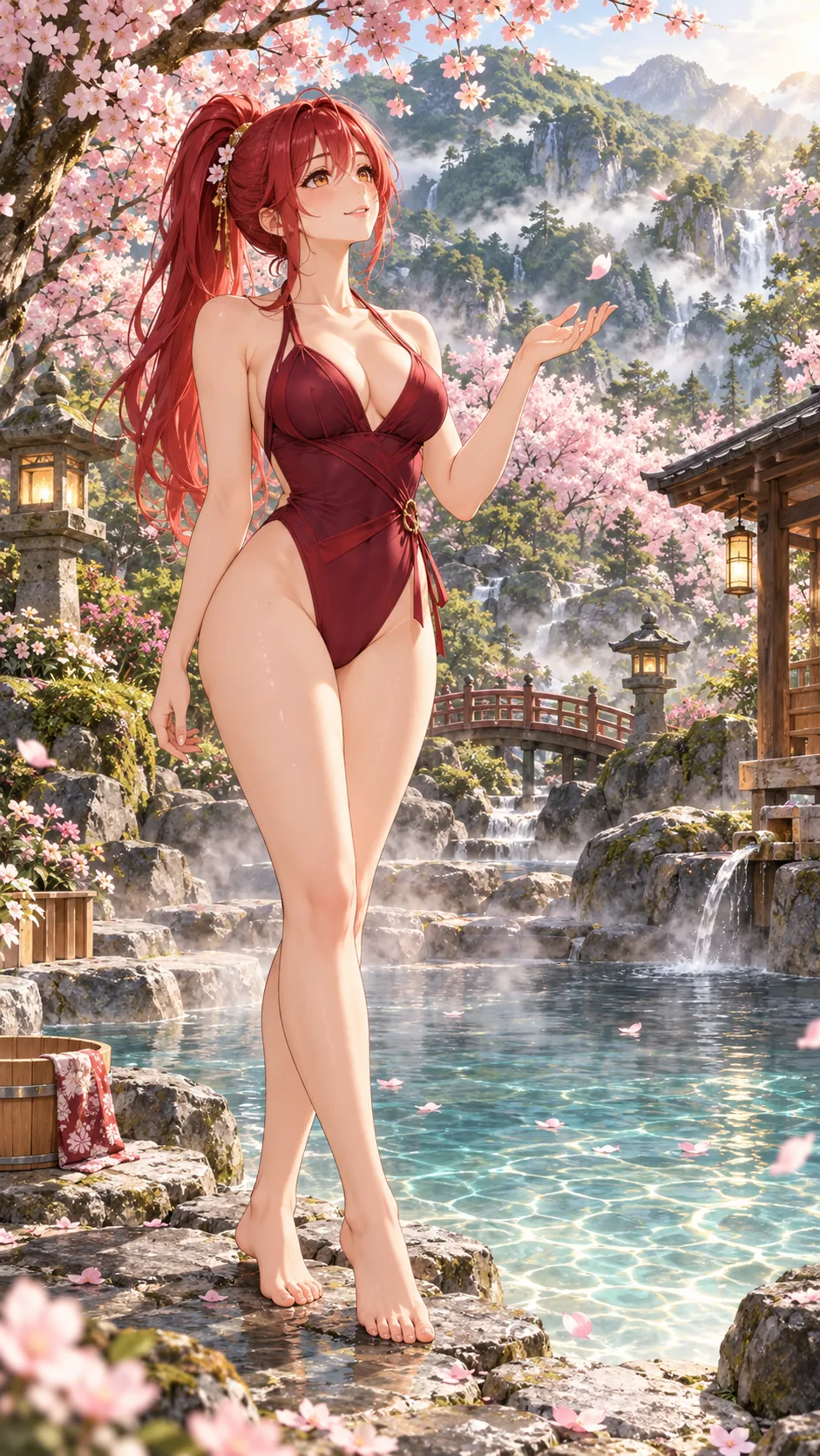 Ilustración anime de una mujer adulta junto a un manantial termal entre cerezos en flor
